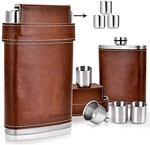 Stainless Steel Bourbon Whiskey Flask, Leakproof with Brown Leather Wrap