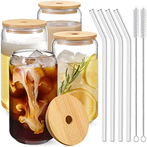 Drinking Glasses with Bamboo Lids and Glass Straw 4pcs Set
